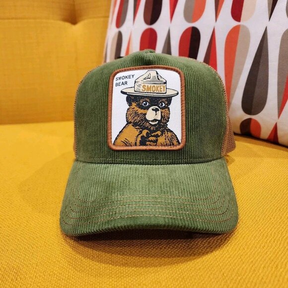 Smokey Bear Corduroy Smokey Patch Snap Back Trucker Hat Green Baseball Cap NEW - Picture 2 of 10